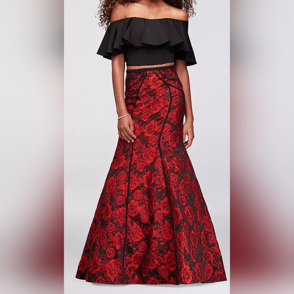 Seamed brocade 2 piece dress with flounced top